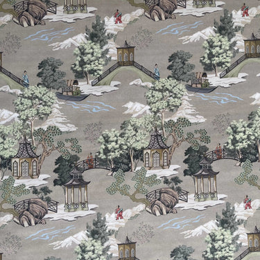 Pagoda Garden oriental scenic toile fabric with pagodas, bridges, and gardens